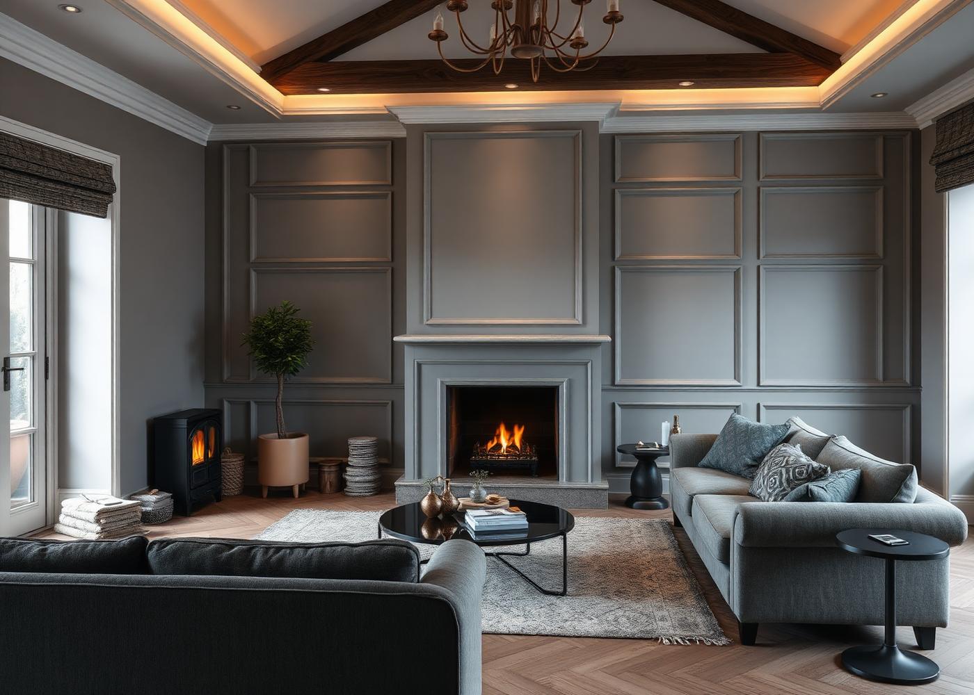 Panelled living room with log burner and feature wall