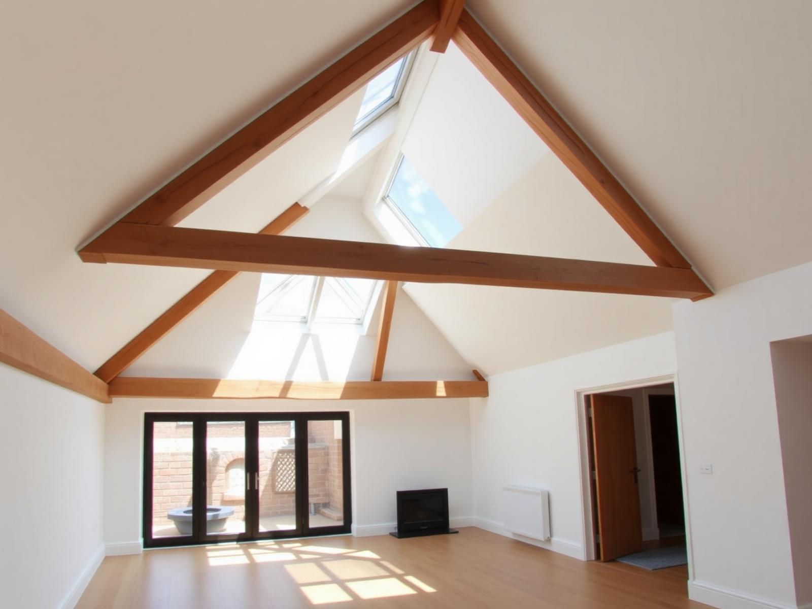 Loft conversion interior with exposed timber trusses