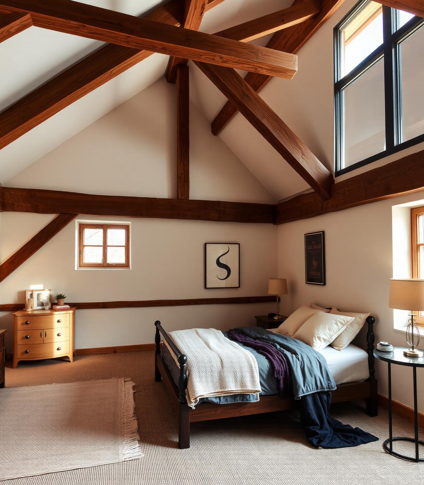 Loft bedroom interior with exposed timber beams