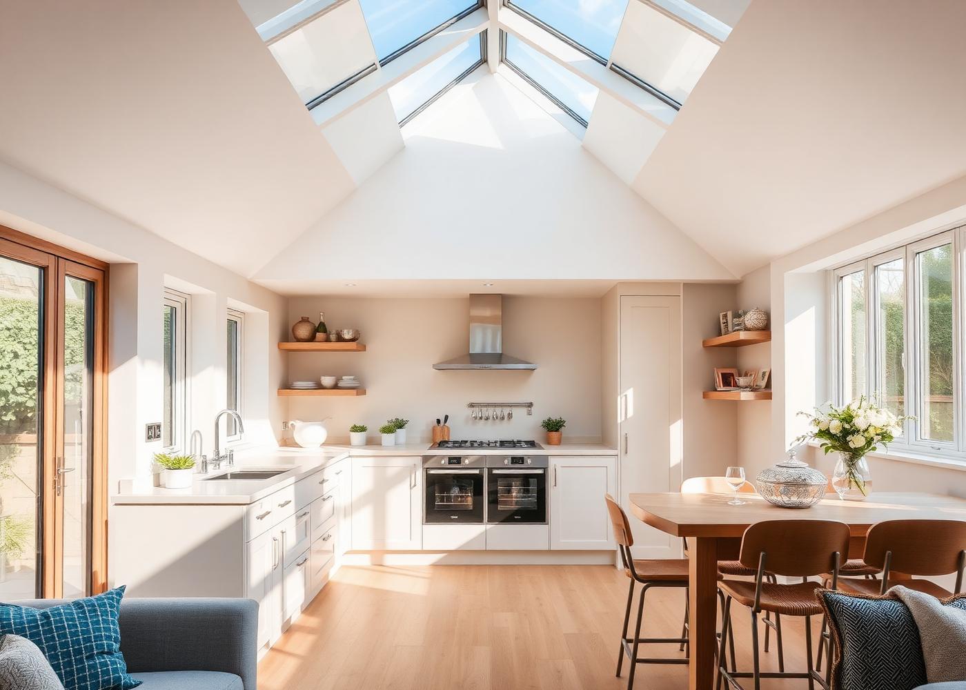 Open plan kitchen extension interior with roof lantern