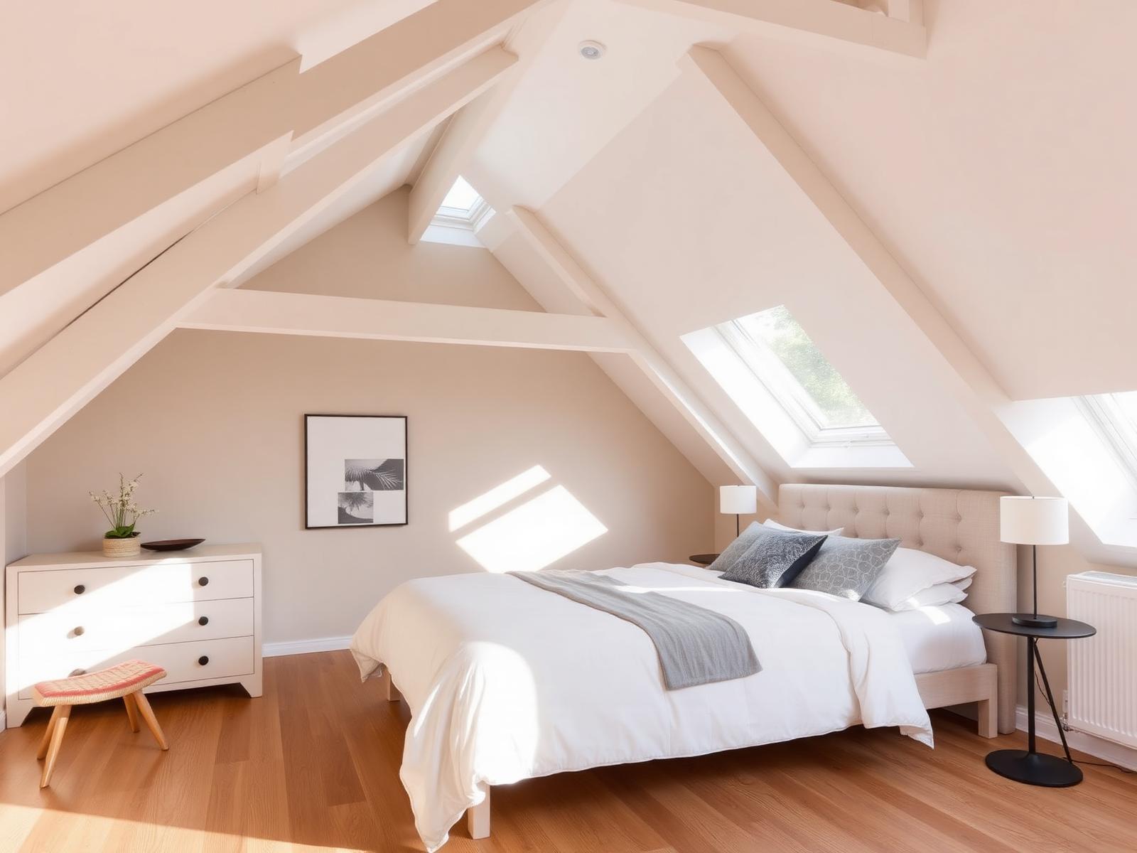 Loft bedroom with dormer and skylights