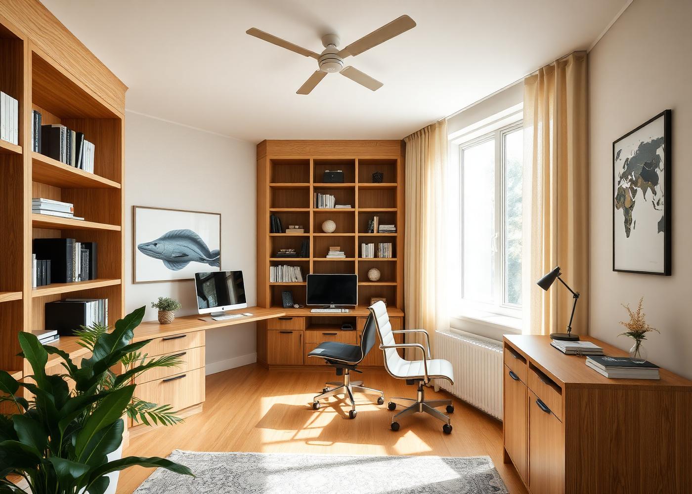 Stylish home office interior with built-in oak shelving